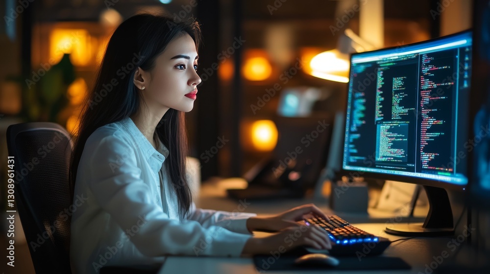 Poster a young woman working intently on coding at her computer in a modern, dimly lit office. the screen d