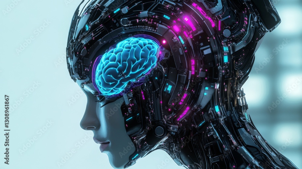 Poster side profile of a detailed cyborg head showcasing a vibrant, illuminated brain encased within comple