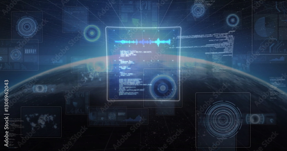Poster image of data processing over globe on black background