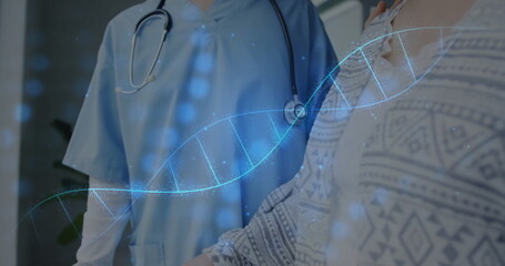 Image of dna strand and medical data processing over diverse doctor and patient