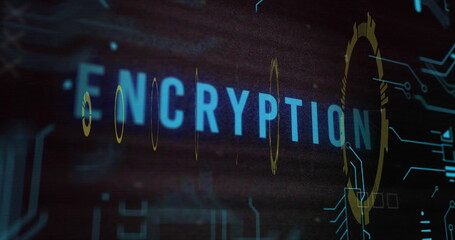 Image of encryption text over digital data processing on black background