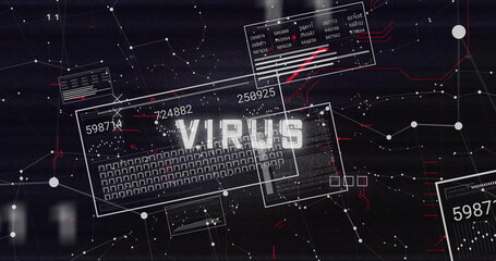 Image of virus text over digital data processing