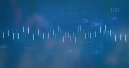 Image of financial data processing on blue background