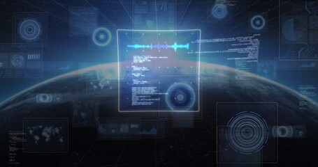 Image of data processing over globe on black background