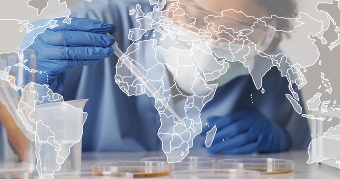 Image of world map over biracial female scientist with pipette