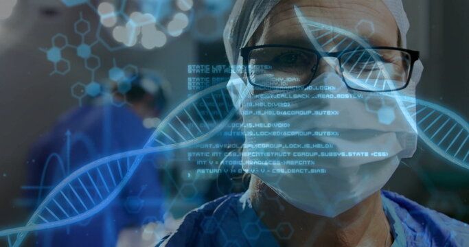 Image of dna strand and medical data processing over biracial female doctor in face mask