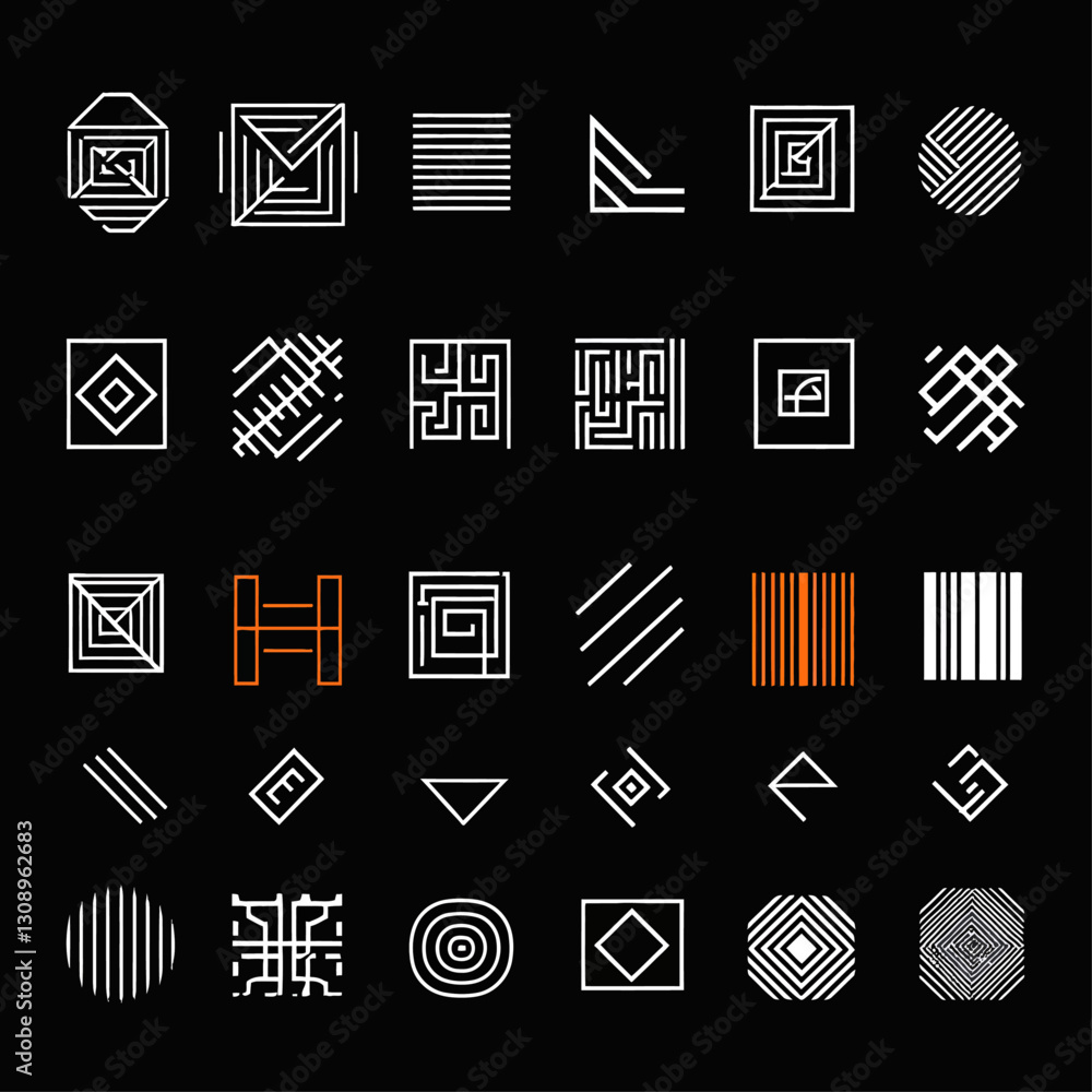 Poster geometric patterns: abstract white lines on black background vector set