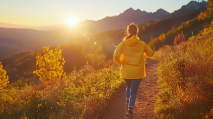 Naklejka premium Woman Runs Trail Golden Sunset Mountain View