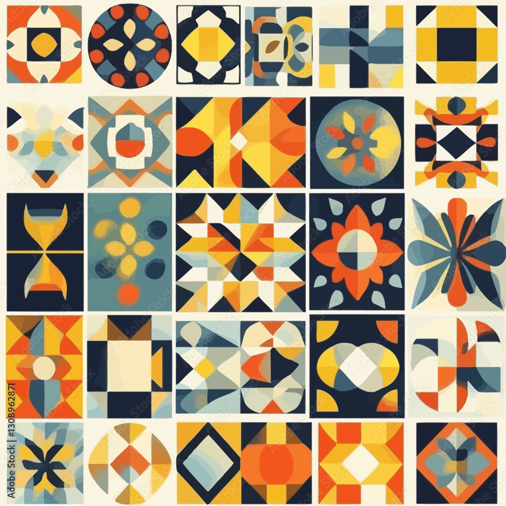 Poster geometric pattern with retro color palette of abstract shapes and tiles