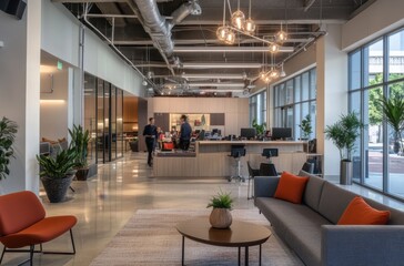 Modern office interior with open workspace, comfortable seating area, and natural light.