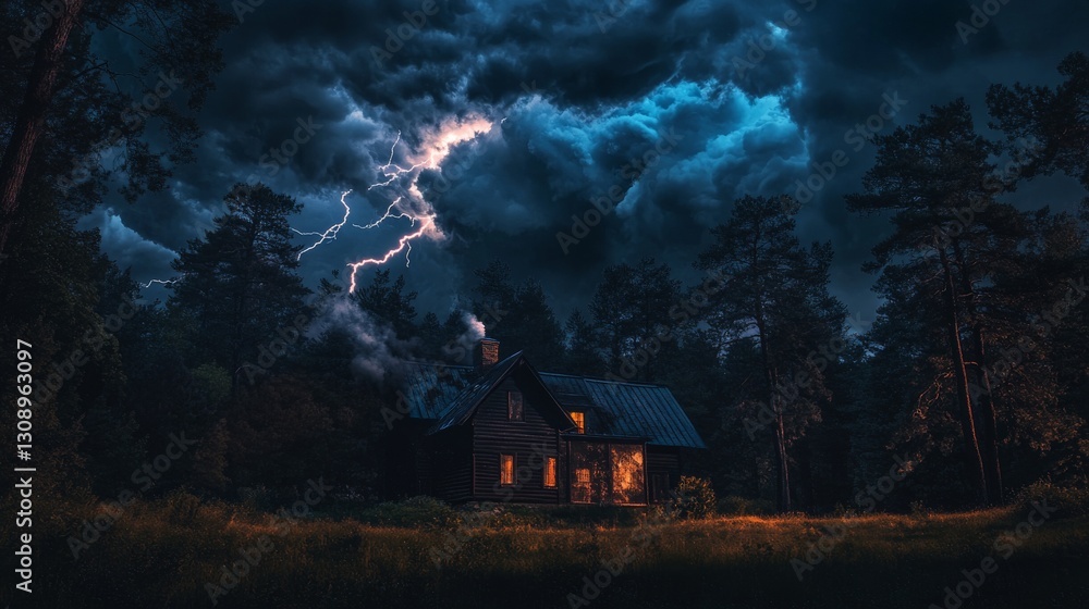 Poster a dramatic scene of a rustic wooden house lit from within, set against a dense, dark forest under a 