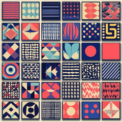 Geometric Pattern Collage of Retro Shapes in Red, Blue and Beige