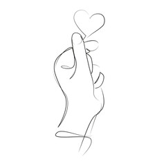 One continuous line art drawing flat illustration finger, gesture, sign, symbol, human, outline, love, making. Isolated image hand draw outline on white background
