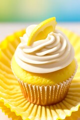Vibrant lemon cupcake with buttercream swirl.