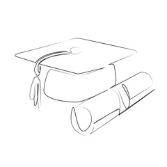 One continuous line art drawing flat illustration diploma, education, graduation, academic cap,...