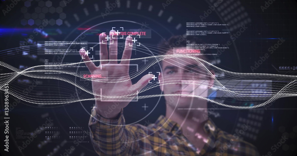 Poster image of digital data processing over scope scanning and caucasian man touching screen