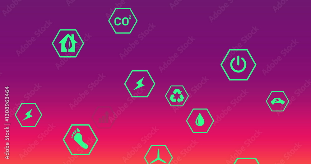 Poster image of eco icons and data processing over pink background
