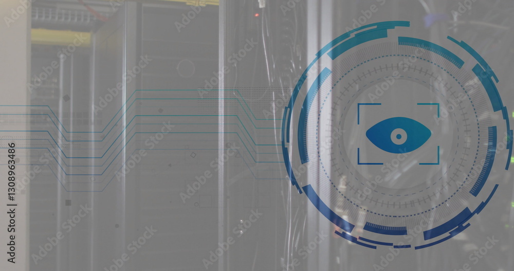 Poster image of eye icon and digital data processing over computer servers