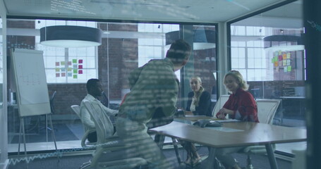 Image of financial data processing over diverse business people in office