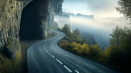 Winding mountain road near cave entrance surrounded by misty landscape at dawn