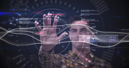 Fototapeta premium Image of digital data processing over scope scanning and caucasian man touching screen