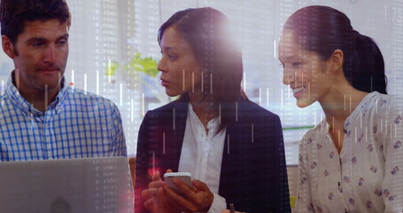 Image of financial data processing over diverse female colleagues discussing work in office