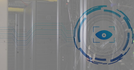 Image of eye icon and digital data processing over computer servers