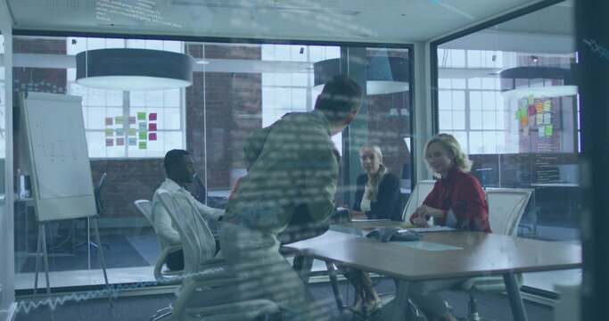 Image of financial data processing over diverse business people in office