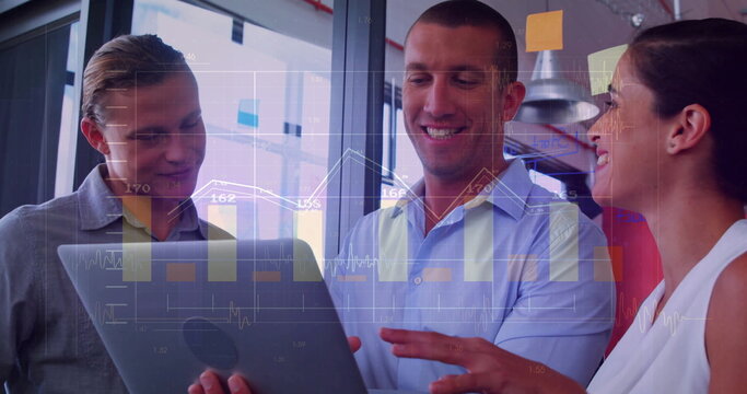 Image of financial data processing over diverse female colleagues discussing work in office