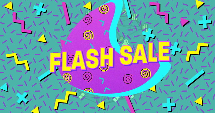 Image of flash sale text over shapes moving - Powered by Adobe