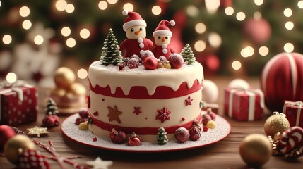 A delightful Christmas cake topped with snowman figures, small festive trees, and vibrant red decorations, surrounded by holiday-themed items and warm, bokeh-lit background.. AI Generation