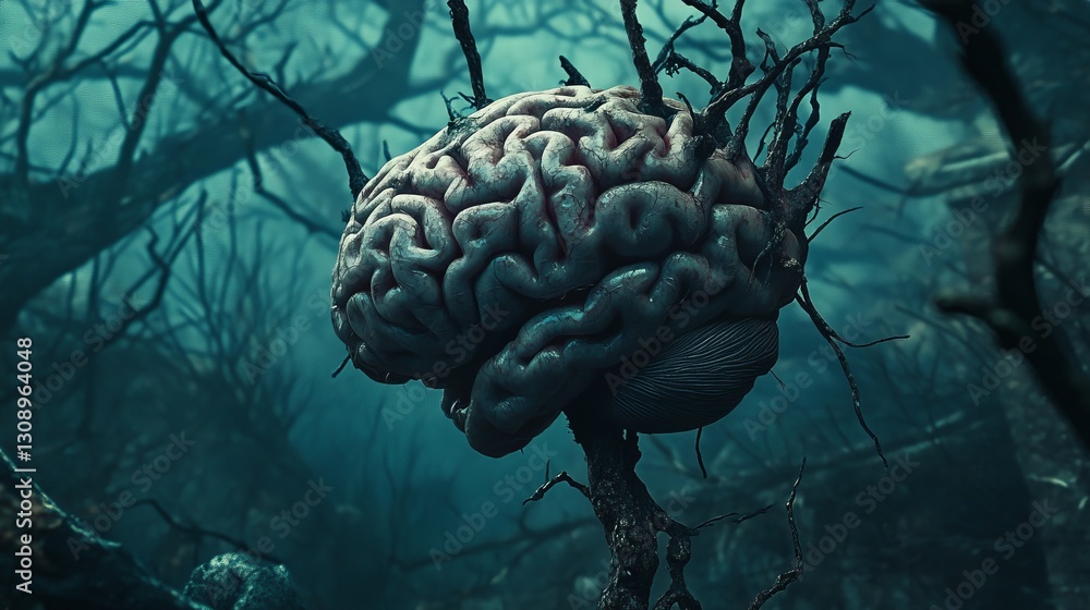 Poster a detailed depiction of a brain embedded within tree roots in a dense, dark forest, illustrating a d