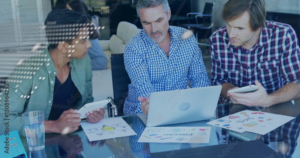 Poster image of financial data processing over diverse colleagues discussing work in office