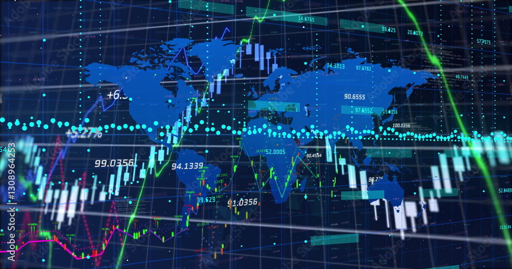 Poster image of financial data processing over world map