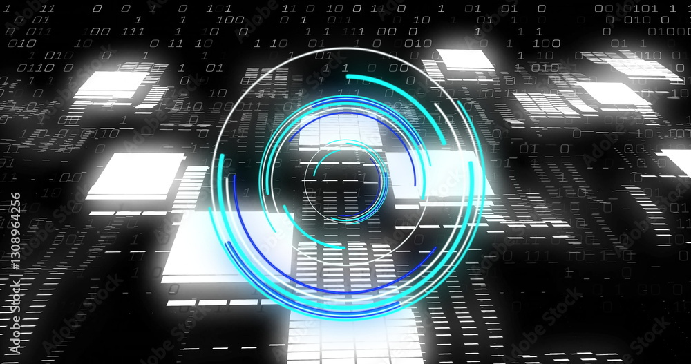 Poster binary code and digital interface image over futuristic cityscape