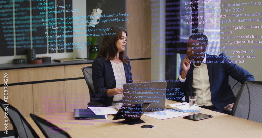 Poster discussing business strategy, colleagues in office with programming code image over them