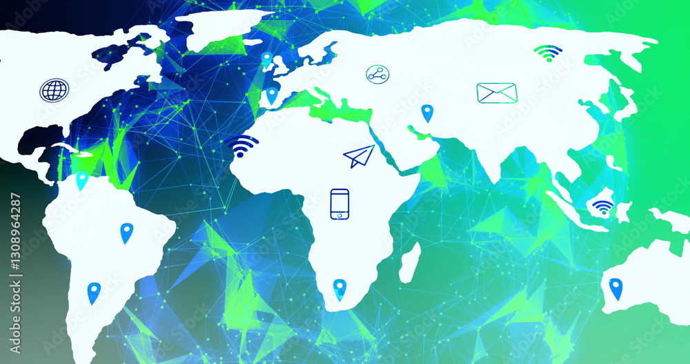 Poster world map with communication icons and network connections image