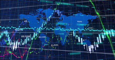 Image of financial data processing over world map