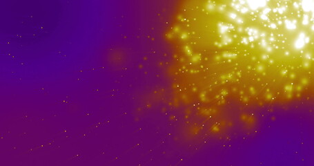 Fototapeta premium Glowing yellow particles and light bursts over purple background, creating dynamic image
