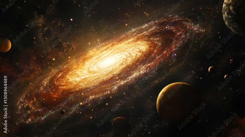 Poster a mesmerizing view of a golden galaxy radiating in the cosmic void, surrounded by numerous planets a
