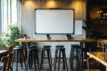 Modern cafe interior with blank whiteboard and bar seating.