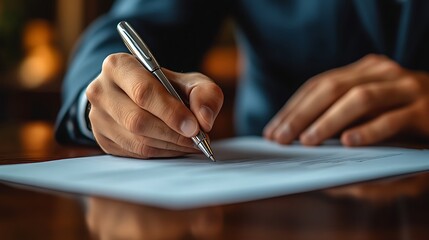 Business Professional Signing a Document, A person in a suit signing a document with a pen on a wooden desk