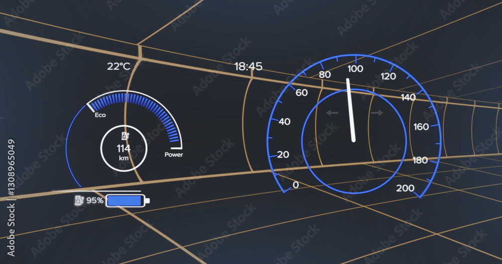 Poster speedometer and battery level image over futuristic grid background
