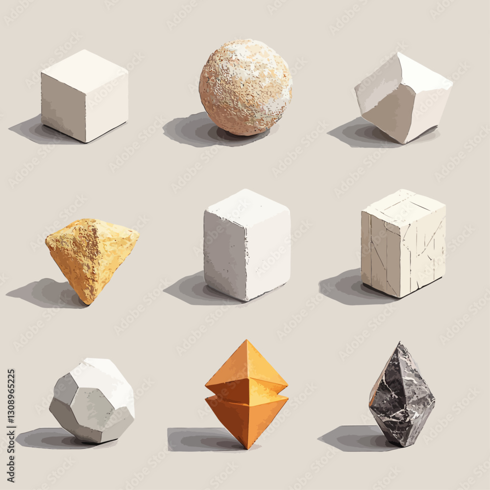 Poster geometric stone objects collection on beige background with shadows