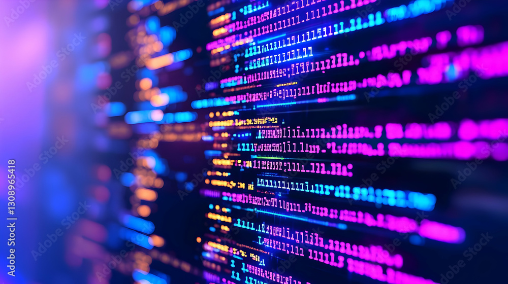 Poster Colorful Abstract Digital Data Stream with Binary Code Patterns