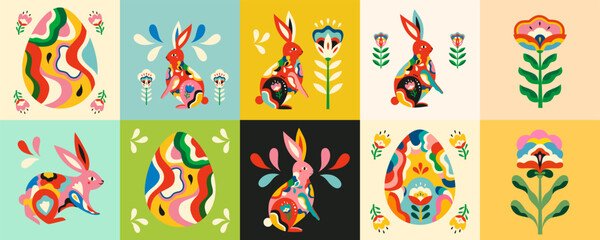Colorful design with easter rabbits and easter eggs. Happy easter greeting illustrations with decorative easter bunnies © moleskostudio