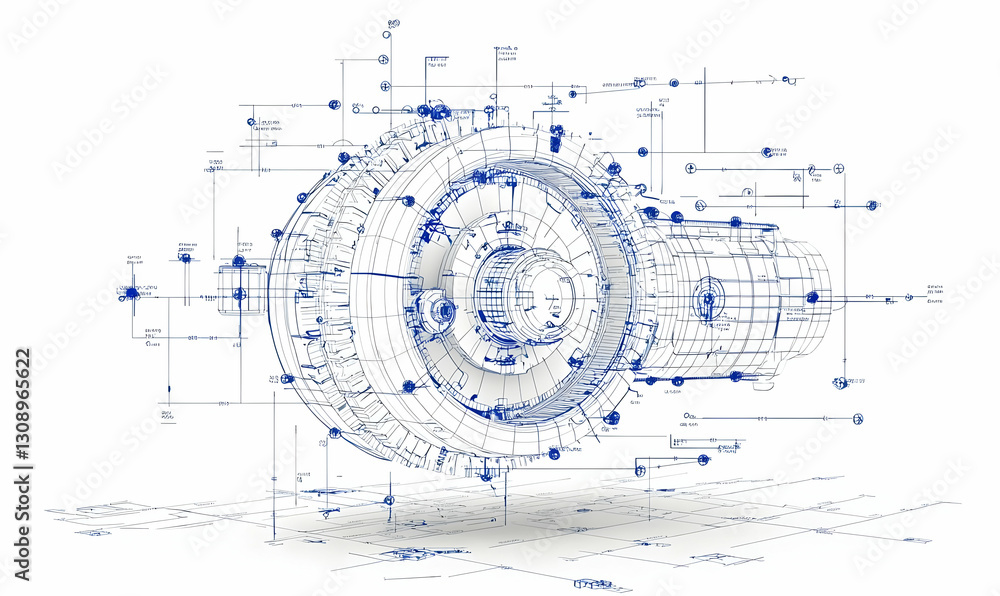 Poster 3d blueprint of mechanical engine component with technical details