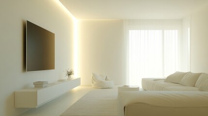 Minimalist living room, sunlight, white decor, calm atmosphere, interior design