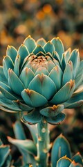 Obraz premium Vibrant Green Artichoke Plant Thriving in Garden, Close-Up on Detailed Flourishing Produce