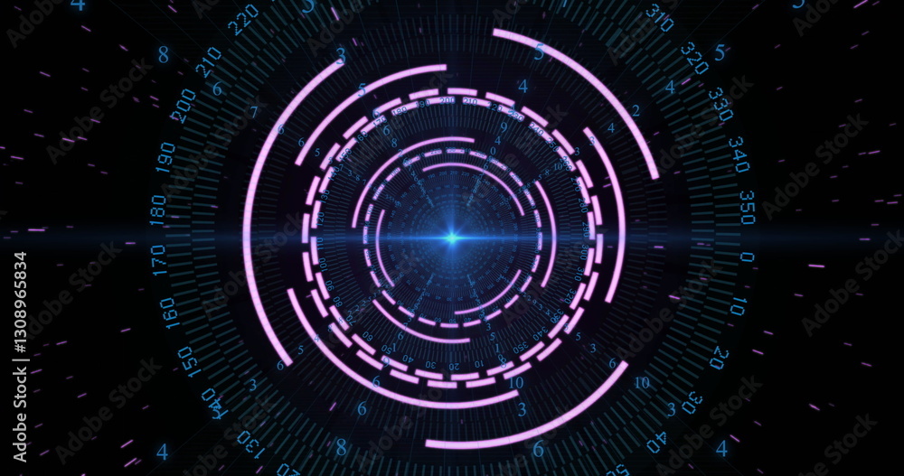 Poster image of pink circular scanner, blue light and processing data on black background